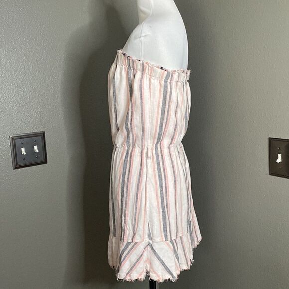 CLOTH & STONE Anthropologie Frayed Hem Strapless Linen Dress Vertical Striped - Picture 7 of 10